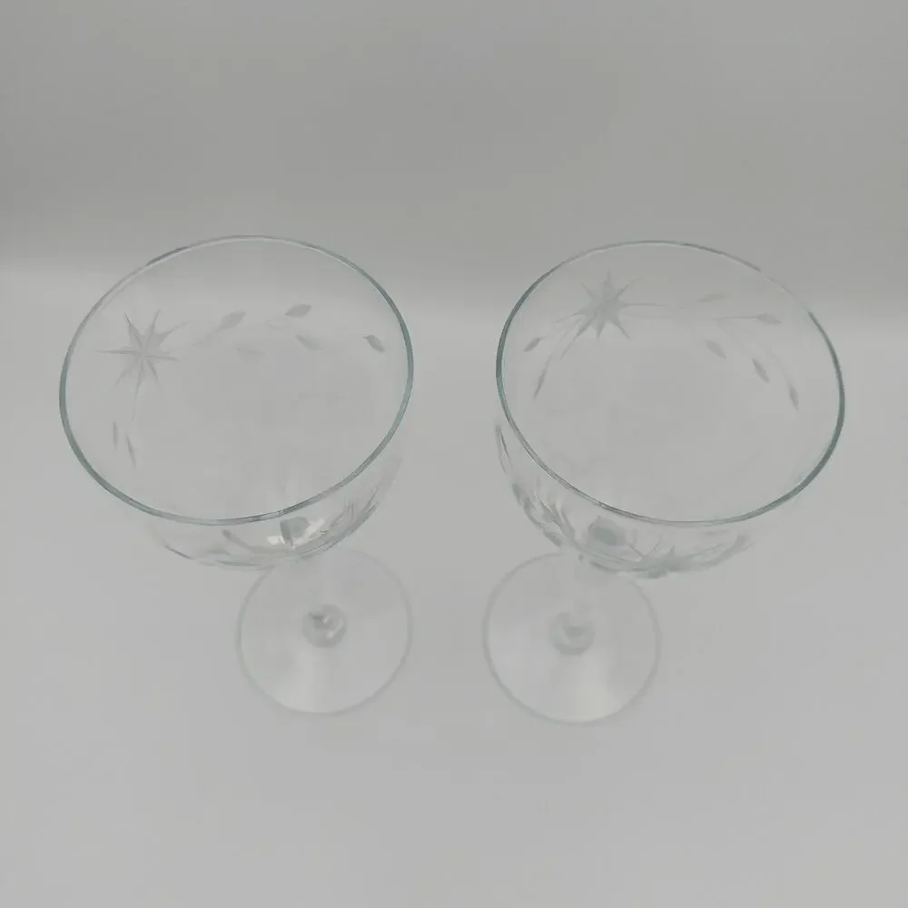 Vintage Etched Glass Wine Goblets Starburst Pattern Set of 2